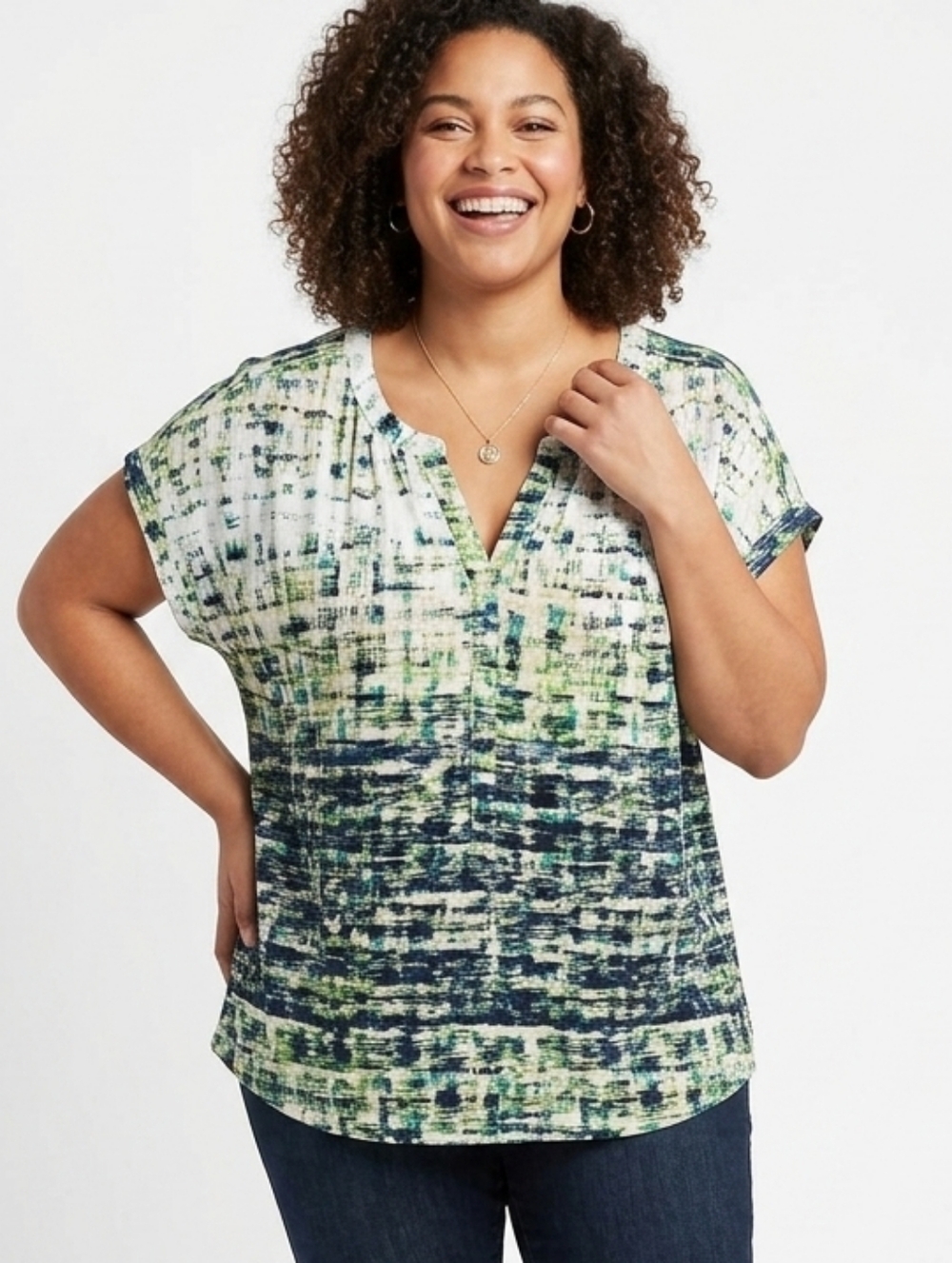 a.n.a (A New Approach) White Blouse with Blue & Green Abstract Print
